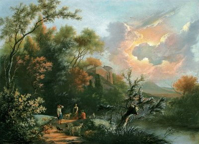 An Italianate Hilly and Wooded River Landscape with Shepherds and Their Flock at Rest by Jan Snellinck